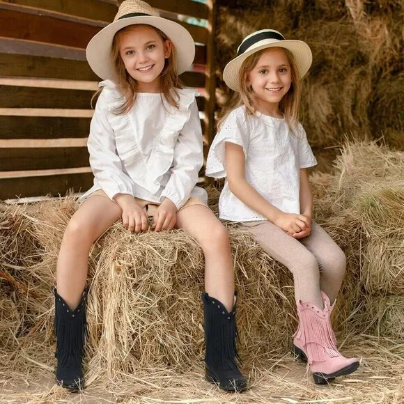 Girls Pink Cowgirl Boots Fringe Western Snip Toe Cowboy Boots for Kids Stylish - Picture 6 of 6